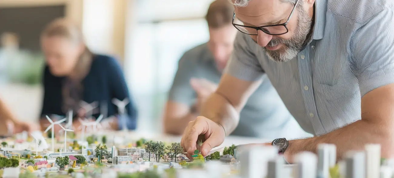 Ein Mann arbeitet im Vordergrund an einem Modell eines Windparks, im Hintergrund sind zwei Personen verschwommen.